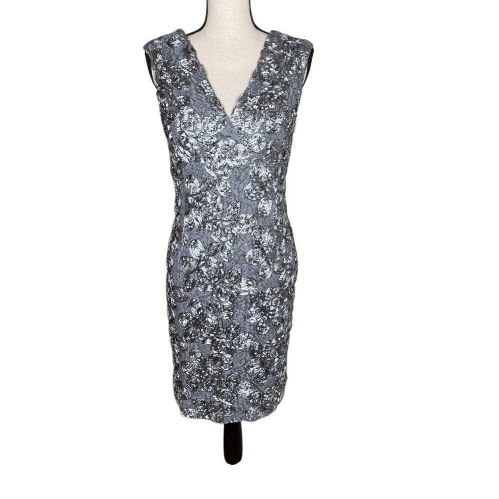 Marina Dress Gray Lace & Satin Ribbon Rosette Empire Waist Sheath Size 8 Party